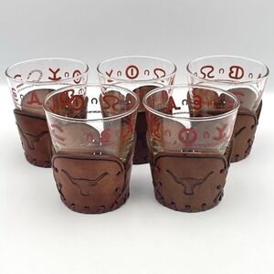 Vintage Set Of 5 Libby Glasses Bamco Western Texas Longhorn Tooled Leather 3.5"